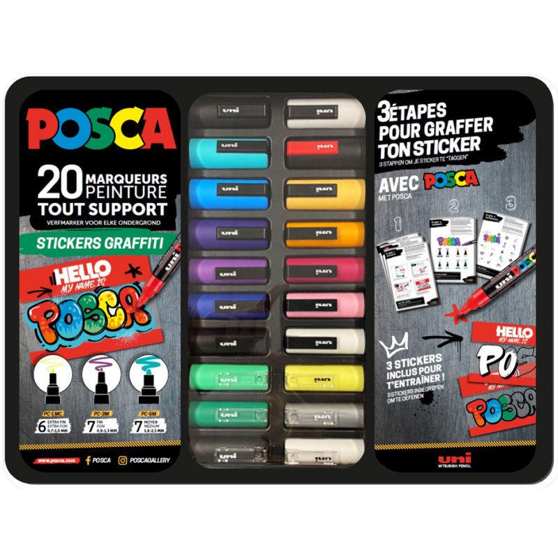 POSCA marqueurs pigmentés set Stickers Graffiti, boîte métallique, 20 pièces